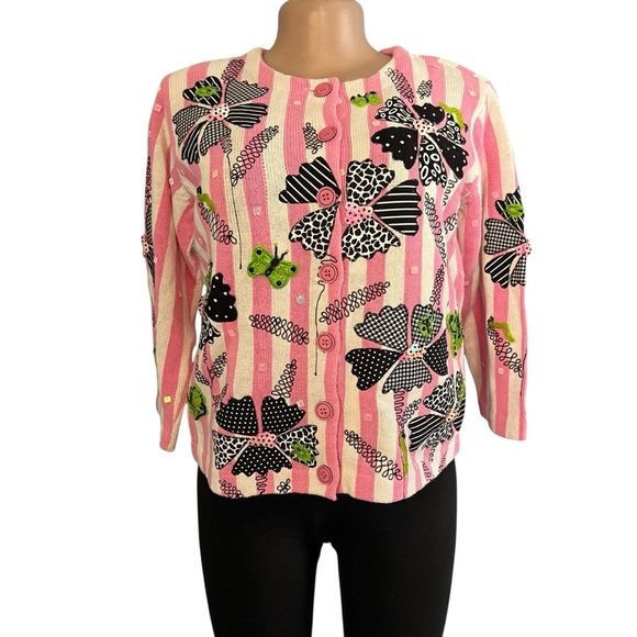 Design Options Vintage Pink and White Striped Retro Cardigan - Picture 1 of 9